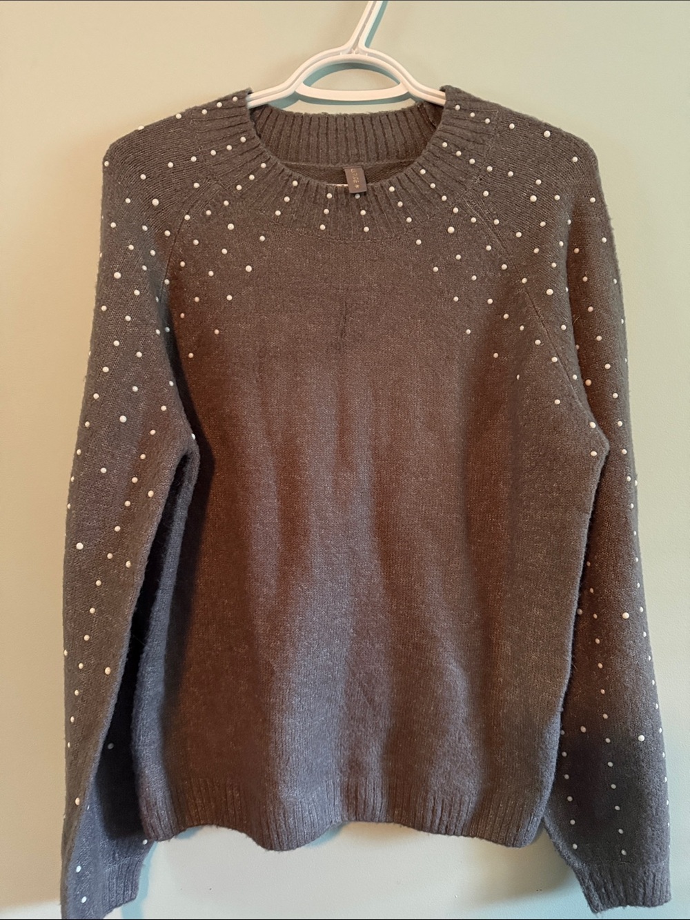 Pearl-Accent Charcoal Crewneck Sweater